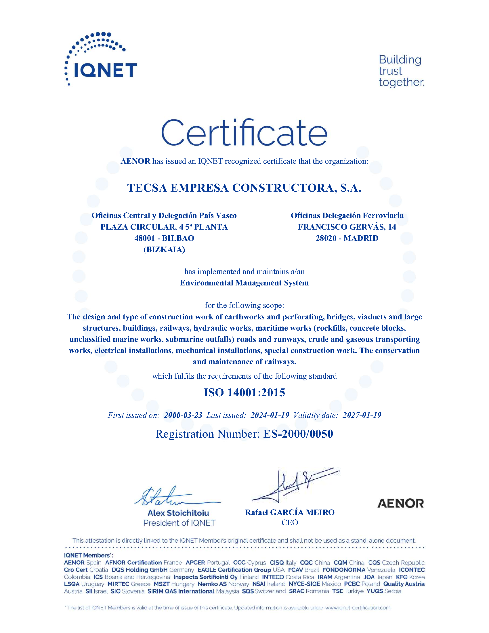 Certificado IQNET - Sistema de Gestión Ambiental