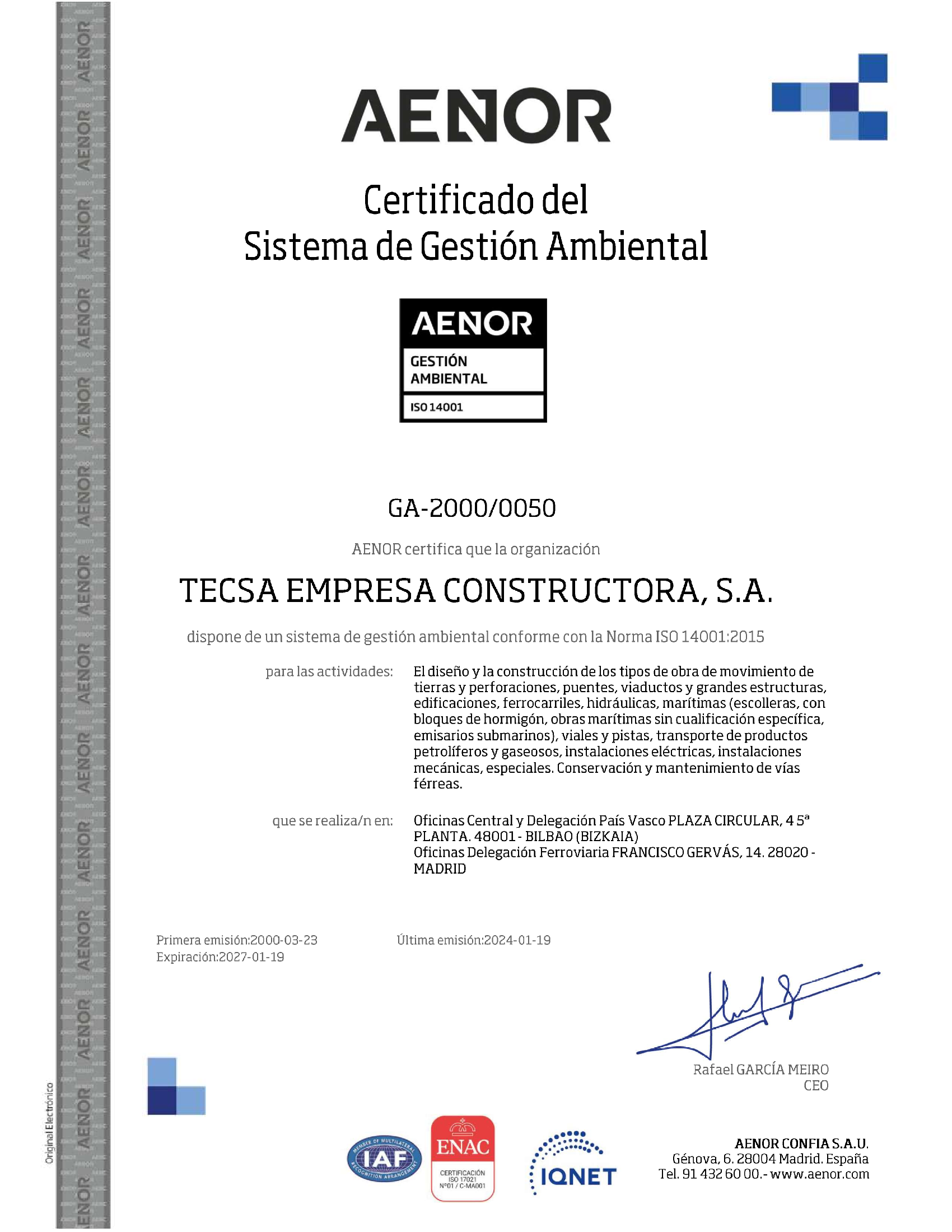 Certificado AENOR - Sistema de Gestión Ambiental