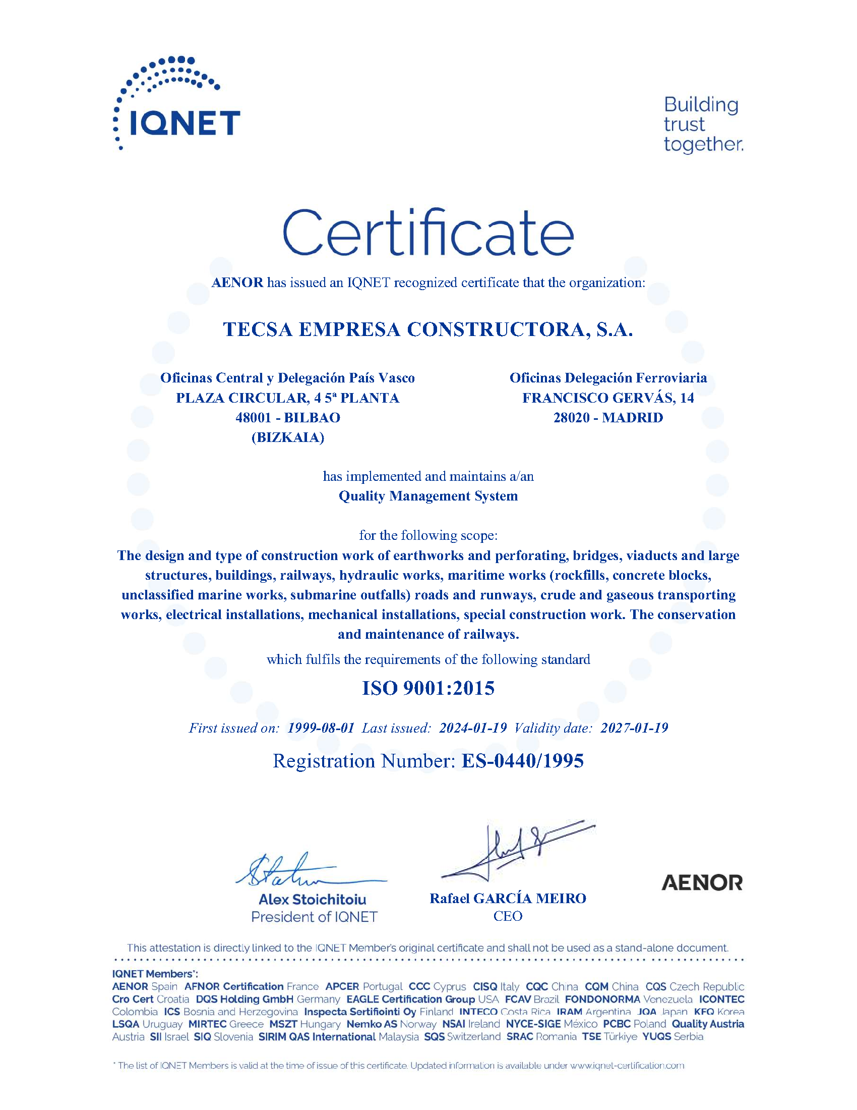 Certificado IQNET - Sistema de Gestión de la Calidad